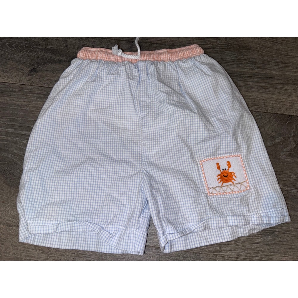 Stellybelly Kids Blue Gingham Seersucker Smocked Crab Shorts Nautical Summer 6